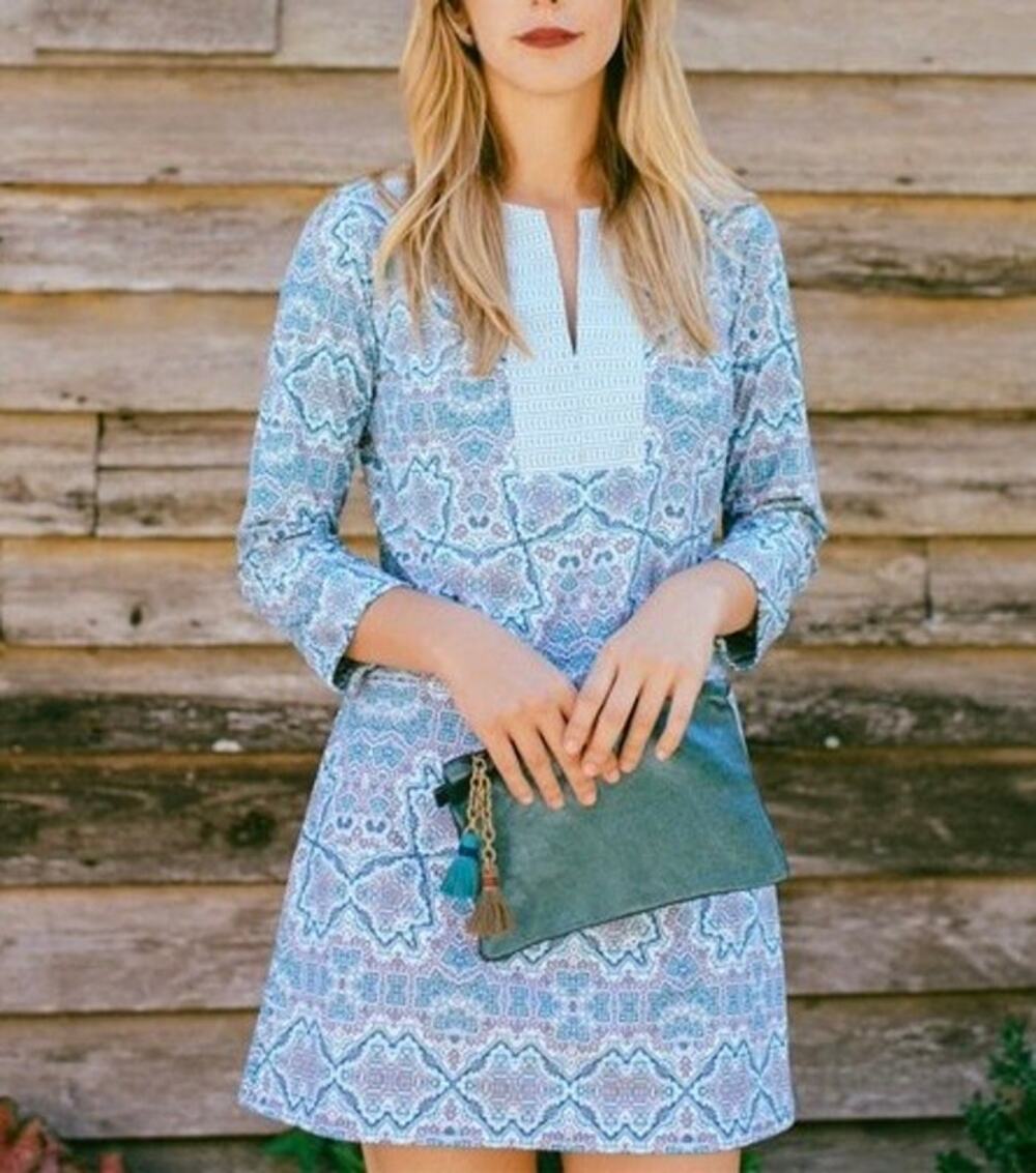 Cabana Life Beachy Geometric Print Long Sleeve Tunic Dress Cover Up UPF 50 Sz XL